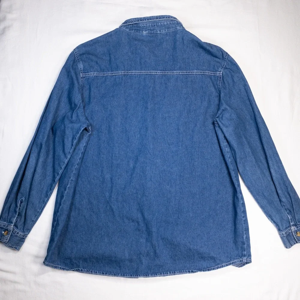 Bobbie Brooks Womens XL Denim Christmas Shirt Winter Village Embroidered Blue